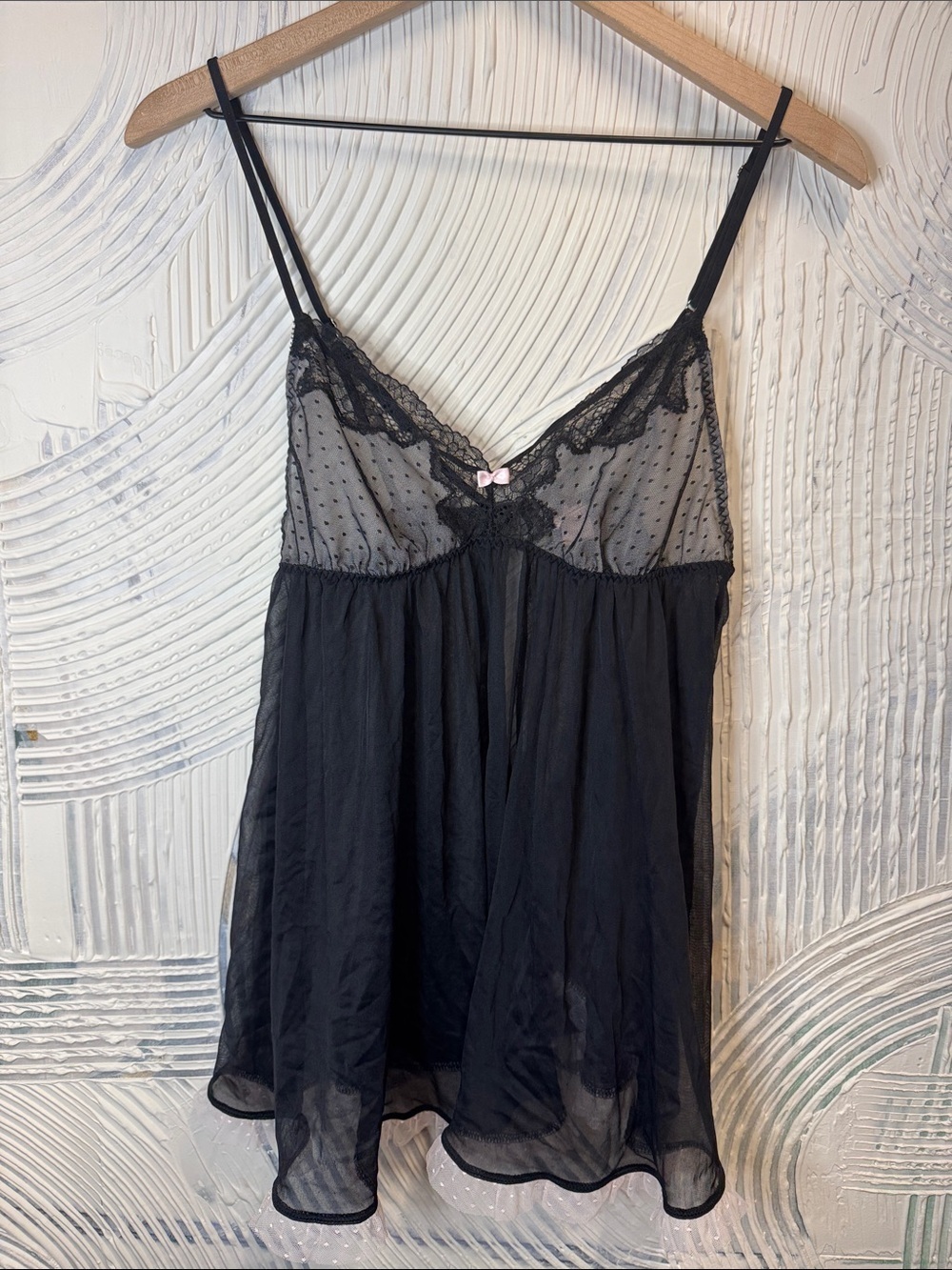 Victoria's Secret Black Babydoll Sheer Lace-Trim Chemise with Polka Mesh N0628